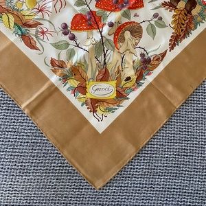 Gucci Vintage Floral Silk Scarf Funghi Mushrooms 1967 Accornero